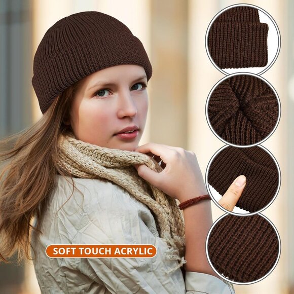 ⚡Unisex Khaki,caramel, Dark Caramel, Brown 4 Pieces Watch Hat Fisherman Beanie - Picture 3 of 6